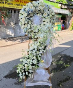 Vòng hoa lan trắng mix hồng trắng 2 tầng cao cấp viếng đám ma -SSHTL23